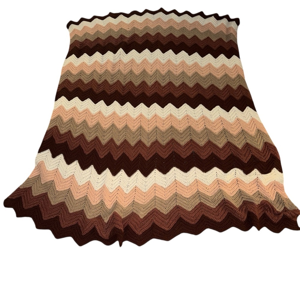 Vintage 70s Crochet Afghan Mid Century Blanket Brown Chevron MCM Retro 57x68